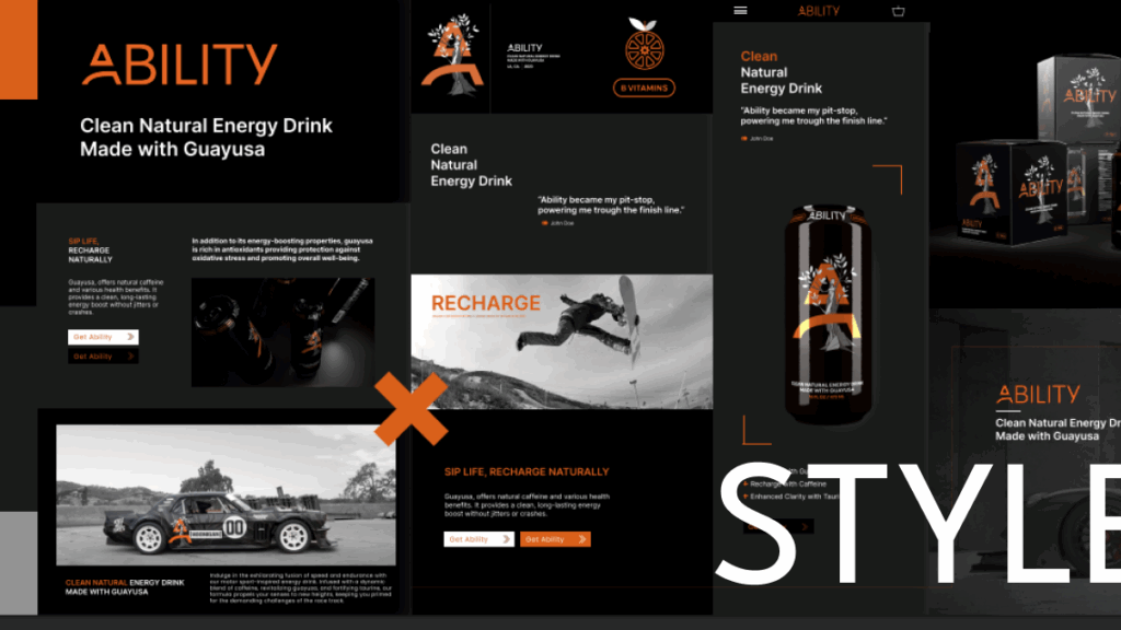 Mockup eines modernen Shopify-Onlineshops für einen Energy-Drink-Anbieter mit dynamischer Produktpräsentation, Preis- und CTA-Elementen im Style-Scale-Layout